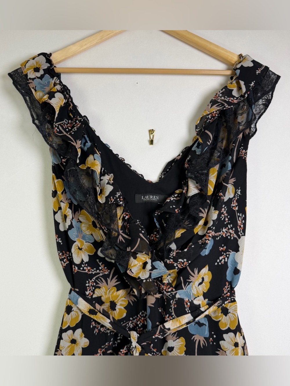 Ralph Lauren Women’s Floral Tiered Georgette Gown Sz 16 Romantic Lace Trim - Picture 3 of 15